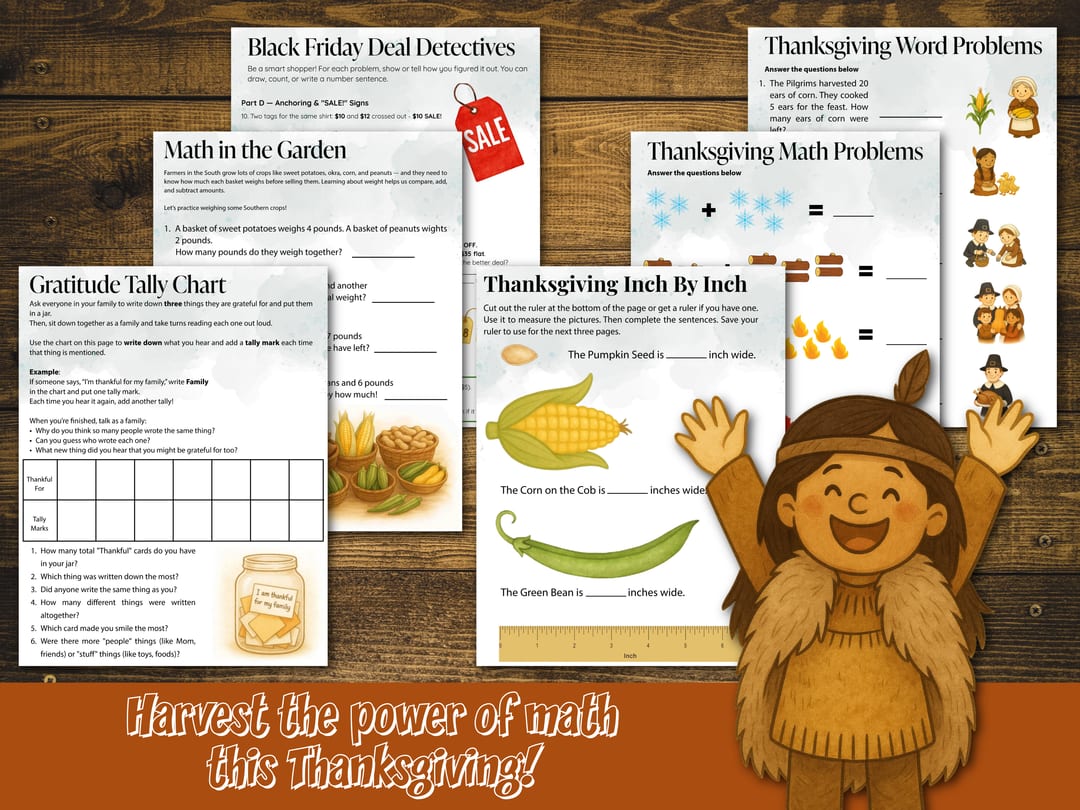 Math printables like 'Black Friday Deal Detectives', 'Gratitude Tally Chart', 'Thanksgiving Word Problems', and the cut-out ruler page 'Thanksgiving Inch By Inch', shown with a joyful Wampanoag girl under the banner 'Harvest the power of math this Thanksgiving!'