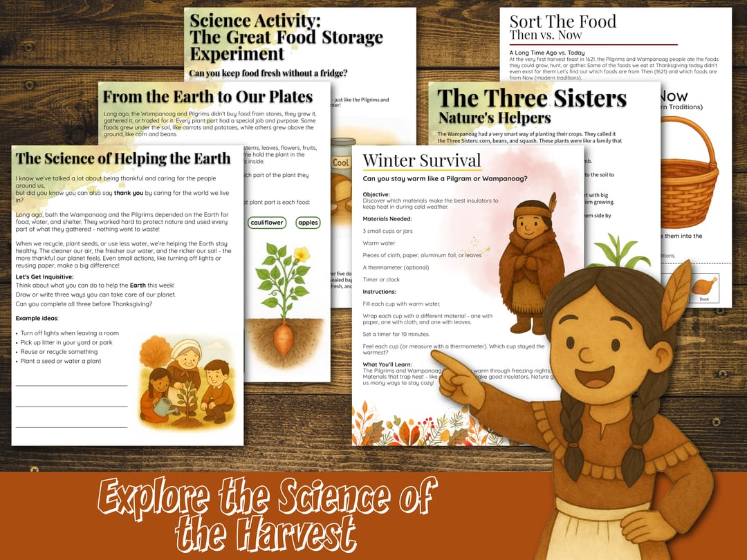 Science pages including 'The Great Food Storage Experiment', 'The Three Sisters: Nature's Helpers', and the 'Winter Survival' insulation activity arranged on wood, with a Wampanoag girl pointing beneath the banner 'Explore the Science of the Harvest'