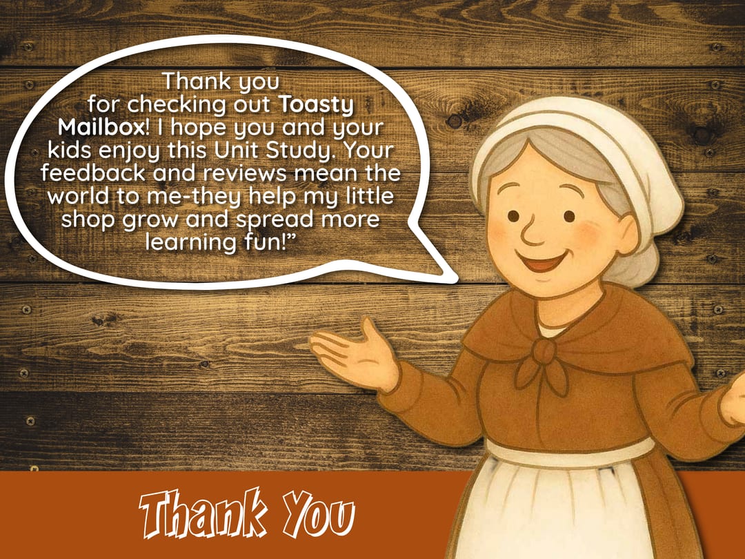 Grandma Harvest smiles with open arms beside a big speech bubble on wooden planks, thanking families for checking out the unit study and sharing that reviews help her little shop grow, above a 'Thank You' ribbon