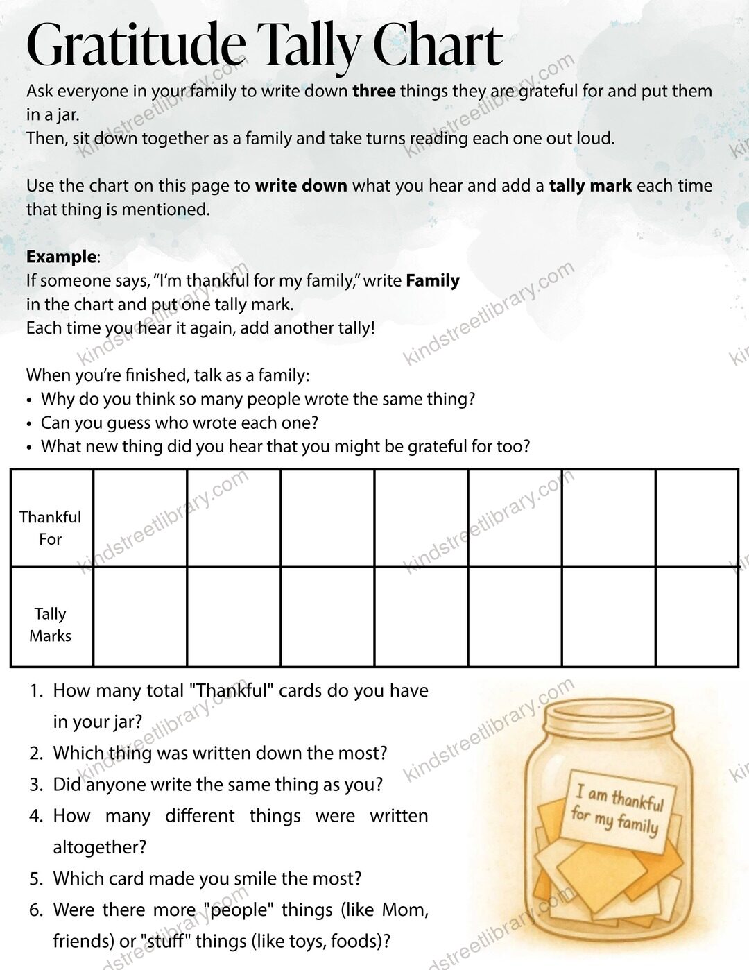A math and character page titled 'Gratitude Tally Chart' where families tally and graph what they are thankful for together