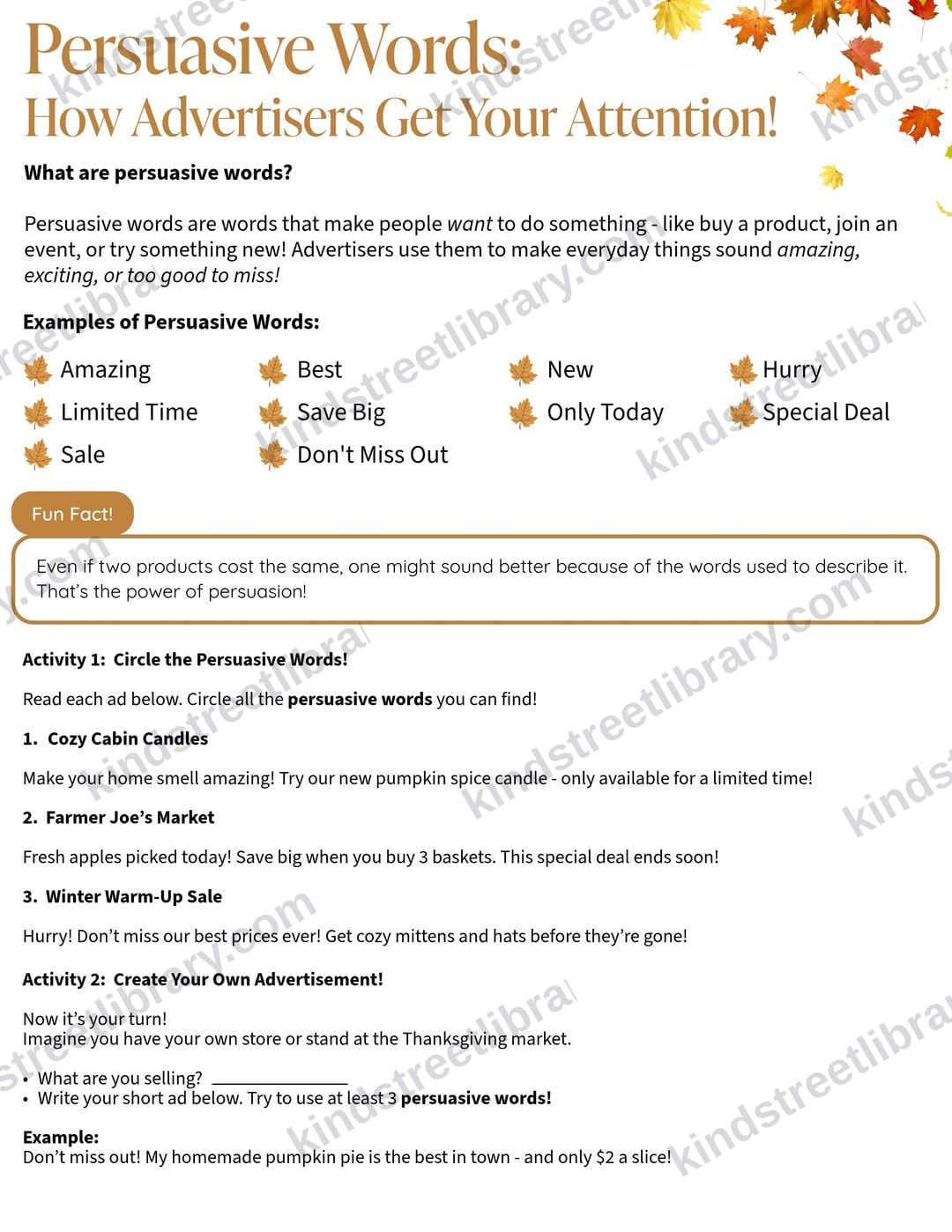 Language-arts page 'Persuasive Words' that teaches kids to spot advertising words and write their own Thanksgiving market ad