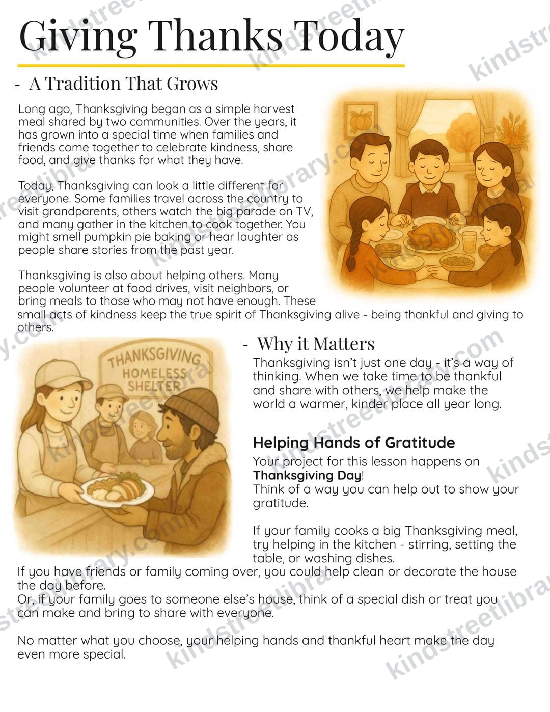 Reading page 'Giving Thanks Today' about how Thanksgiving began as a harvest meal shared by the Wampanoag and Pilgrims, with warm illustrations of a family at the table and a soup kitchen