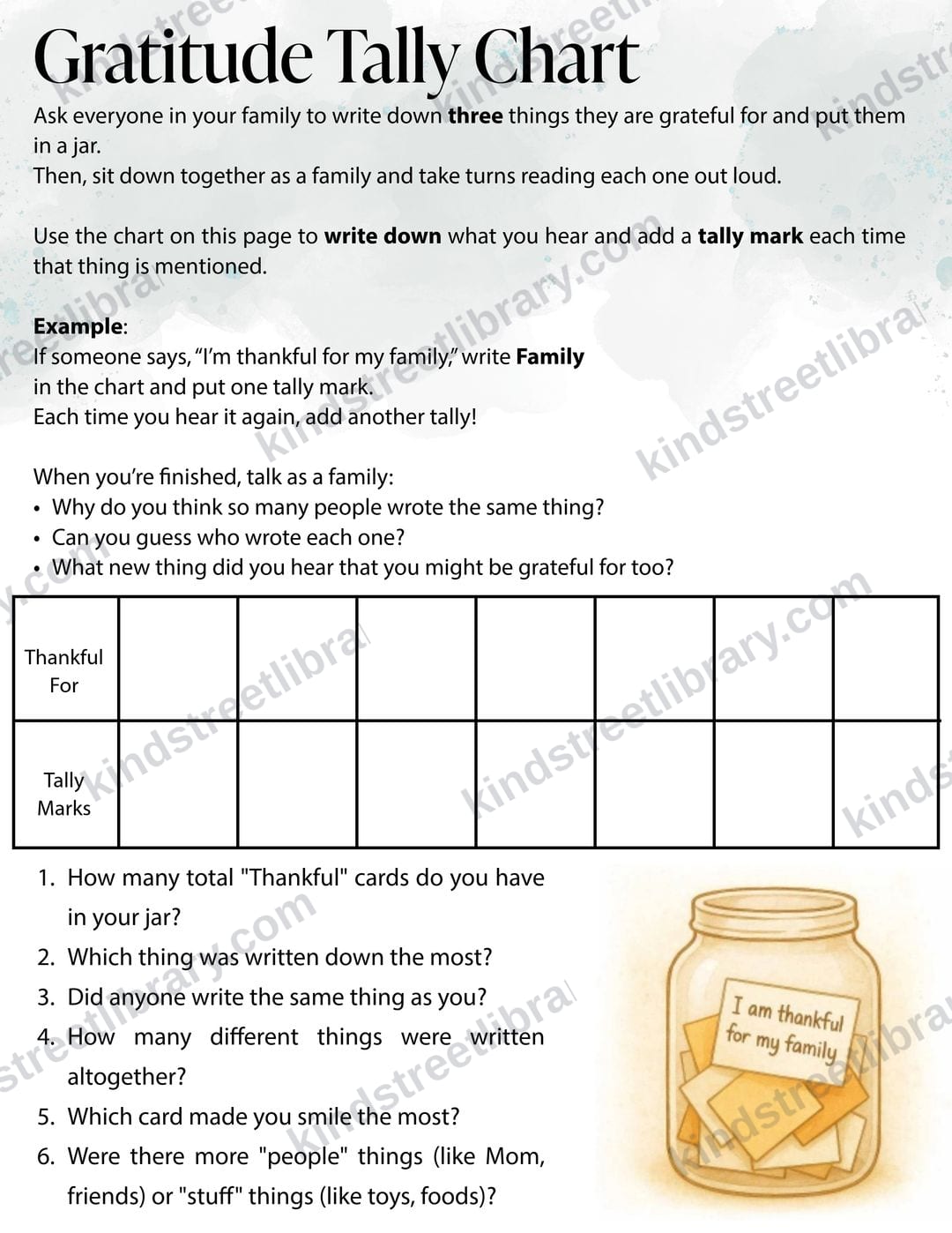 A math and character page titled 'Gratitude Tally Chart' where families tally and graph what they are thankful for together