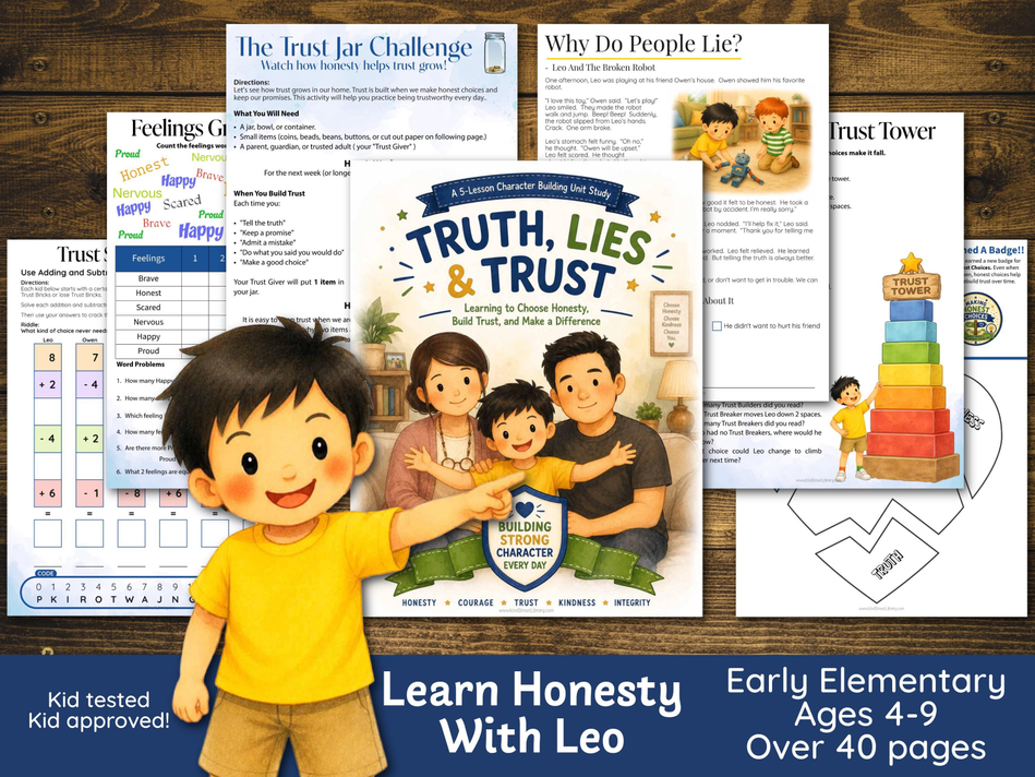 Learn Honesty with Leo Truth, Lies & Trust homeschool unit study cover: Leo in his yellow shirt in front of overlapping printable pages like 'The Trust Jar Challenge' and 'Why Do People Lie?'