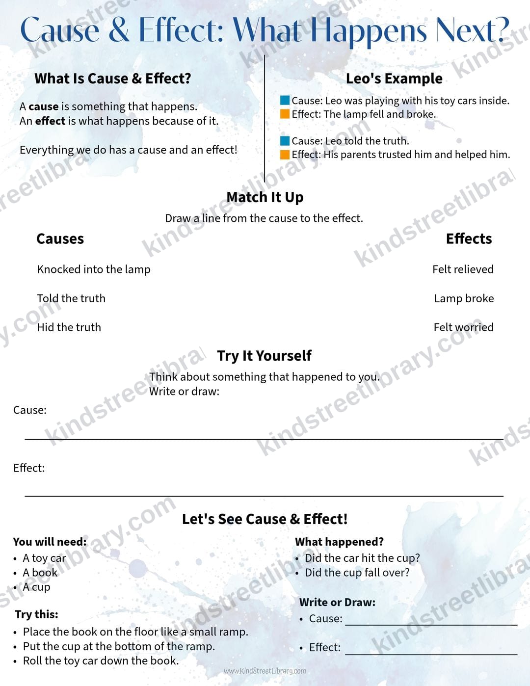 Science page 'Cause & Effect: What Happens Next?' with Leo's lamp example, a match-it-up activity linking causes to effects, a try-it-yourself box, and a toy car ramp experiment