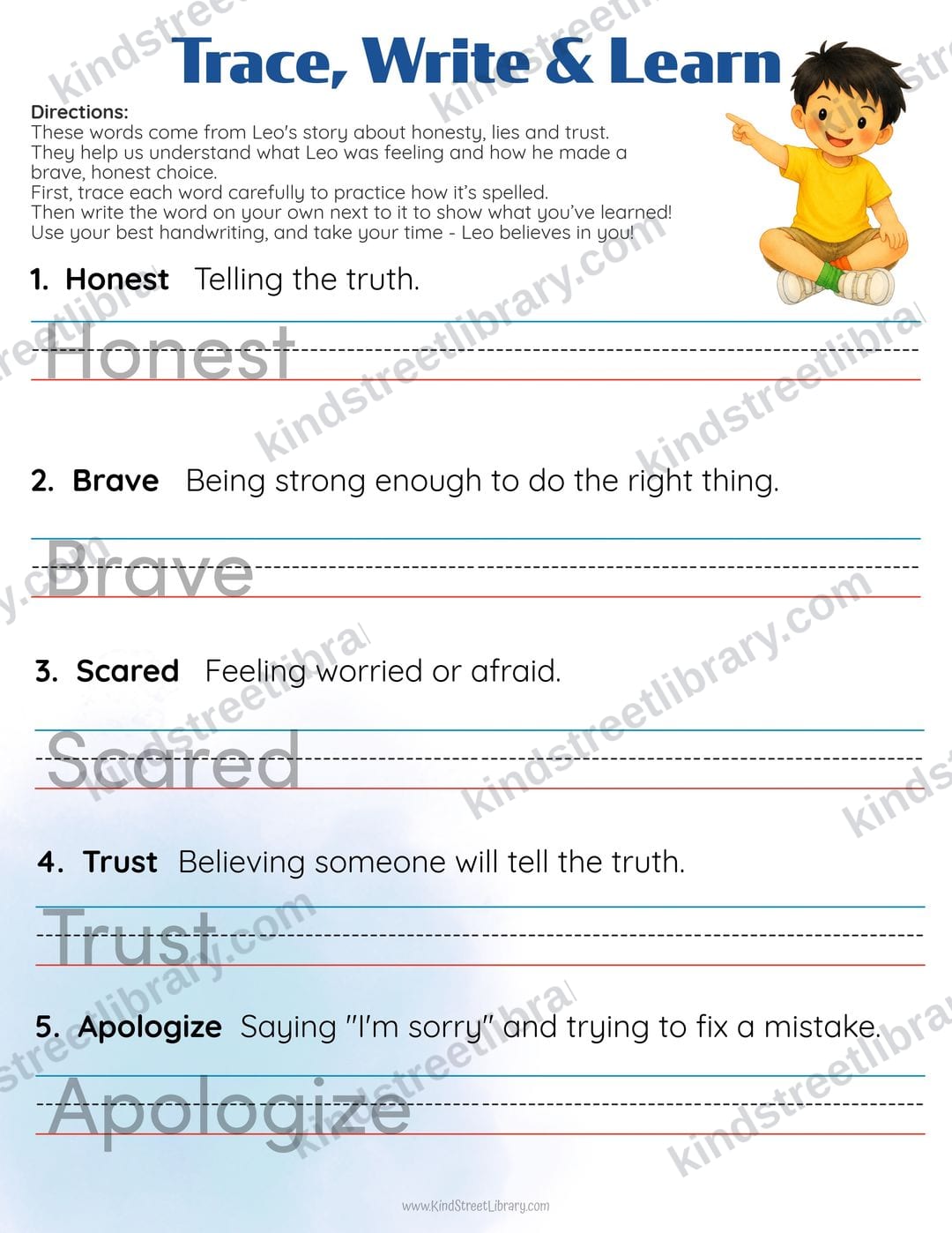 Handwriting page 'Trace, Write & Learn' with the words honest, brave, scared, trust, and apologize, each defined and shown in traceable gray letters on writing lines