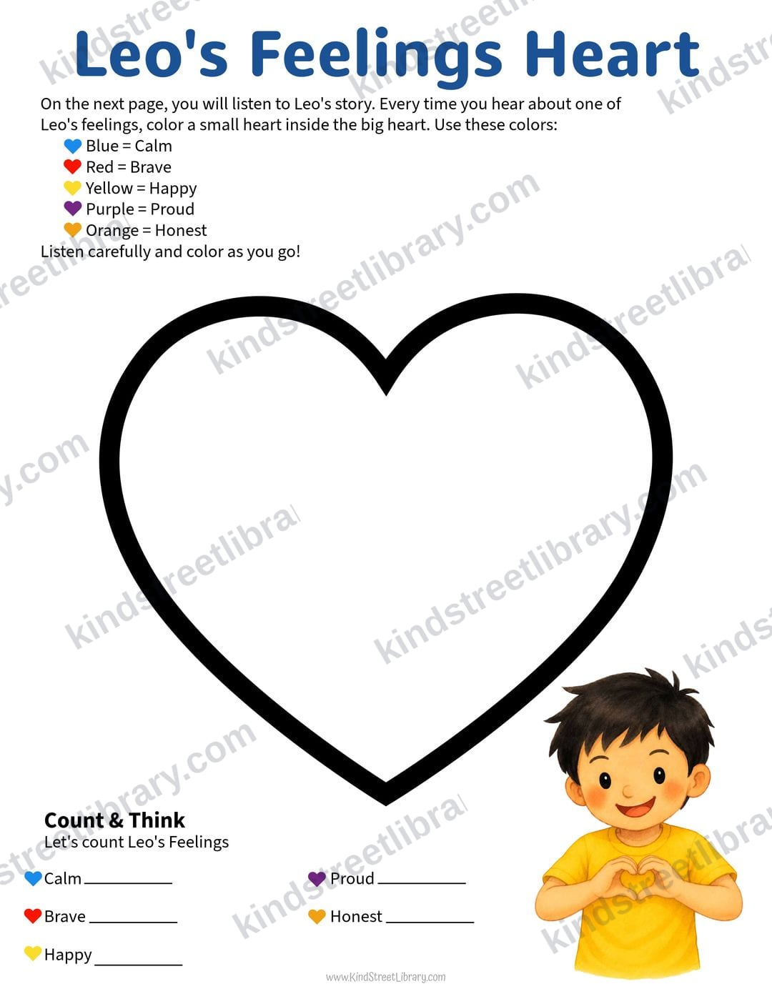 Listening page 'Leo's Feelings Heart': a big outlined heart to fill with small colored hearts for each feeling heard in Leo's story (calm, brave, happy, proud, honest), with a count-and-think tally, and Leo making a heart with his hands