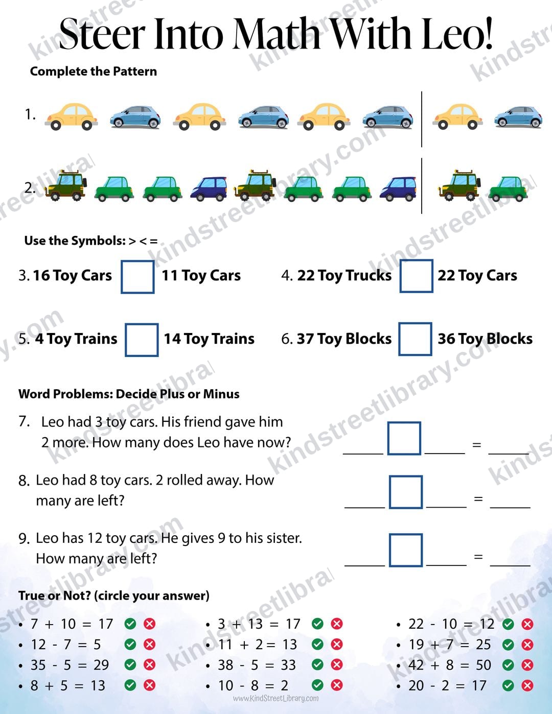 Math page 'Steer Into Math With Leo!' with toy car patterns to complete, greater-than and less-than comparisons of toy cars and trains, plus-or-minus word problems, and true-or-not equations to circle