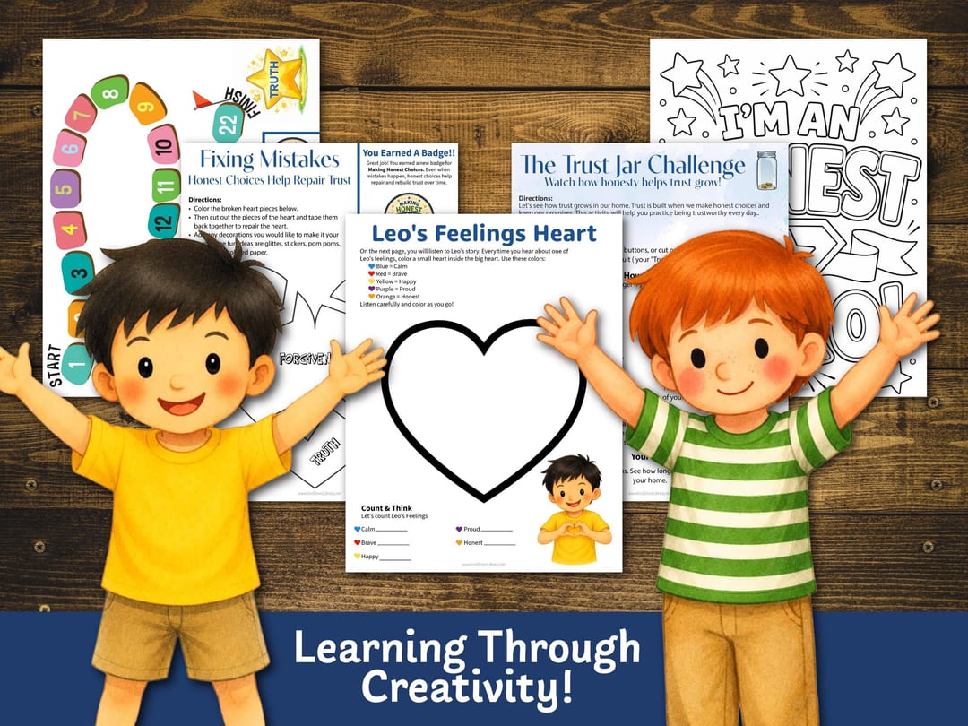 Creative pages: a truth board game, 'Fixing Mistakes', a 'You Earned a Badge!' page, 'The Trust Jar Challenge', 'Leo's Feelings Heart', and an 'I'm an Honest Hero' coloring page, with Leo and a friend cheering