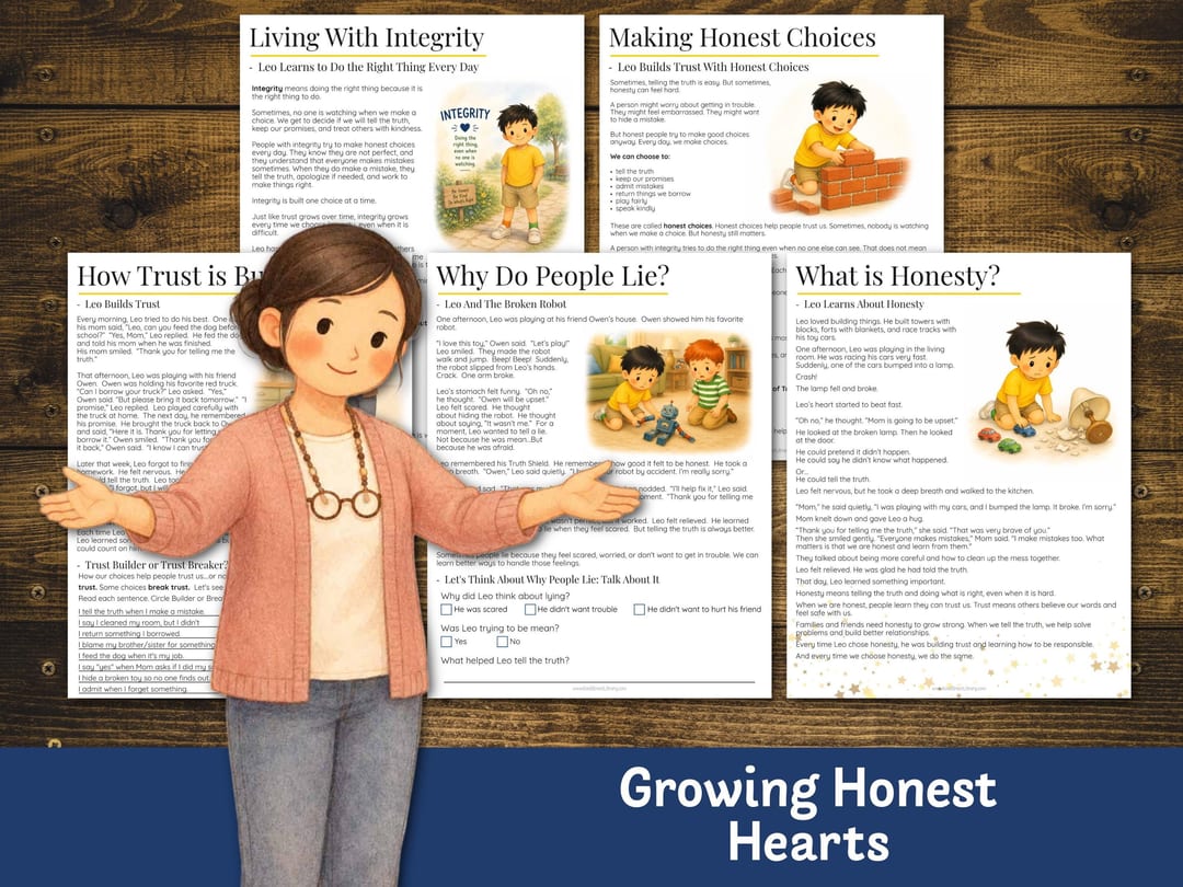 Reading pages 'Living With Integrity', 'Making Honest Choices', 'How Trust Is Built', 'Why Do People Lie?', and 'What Is Honesty?', each with a short Leo story and talk-about-it questions, with a mom in a pink cardigan presenting them
