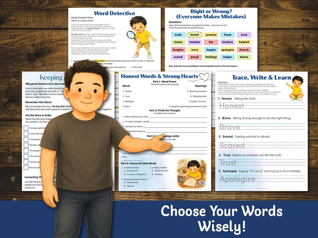 Language arts pages 'Word Detective', 'Right or Wrong? (Everyone Makes Mistakes)', 'Honest Words & Strong Hearts', and 'Trace, Write & Learn' handwriting for the words honest, brave, scared, trust, and apologize, with a dad presenting them