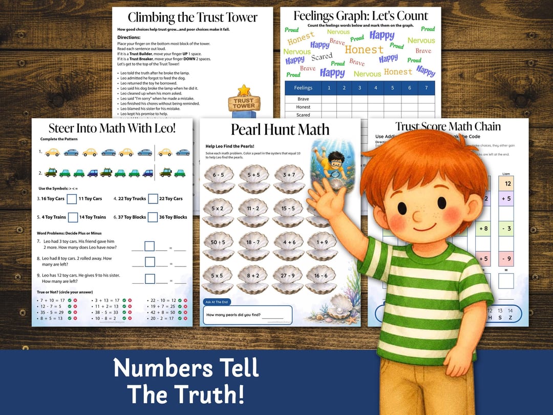 Math pages 'Climbing the Trust Tower', 'Feelings Graph: Let's Count', 'Steer Into Math With Leo', 'Pearl Hunt Math', and 'Trust Score Math Chain', with a red-haired boy in a striped shirt pointing at them