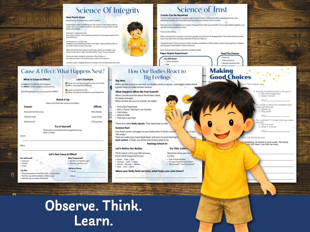 Science pages 'Science of Integrity', 'Science of Trust' with a paper repair experiment, 'Cause & Effect: What Happens Next?', 'How Our Bodies React to Big Feelings', and 'Making Good Choices', with Leo waving beside them