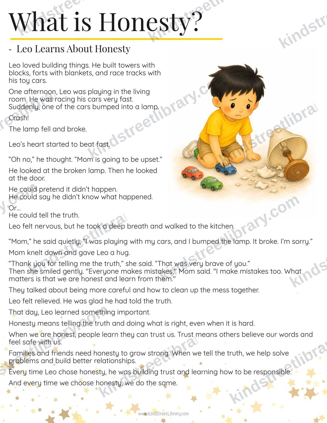 The 'What is Honesty?' story page: Leo kneels by a broken lamp with his toy cars
